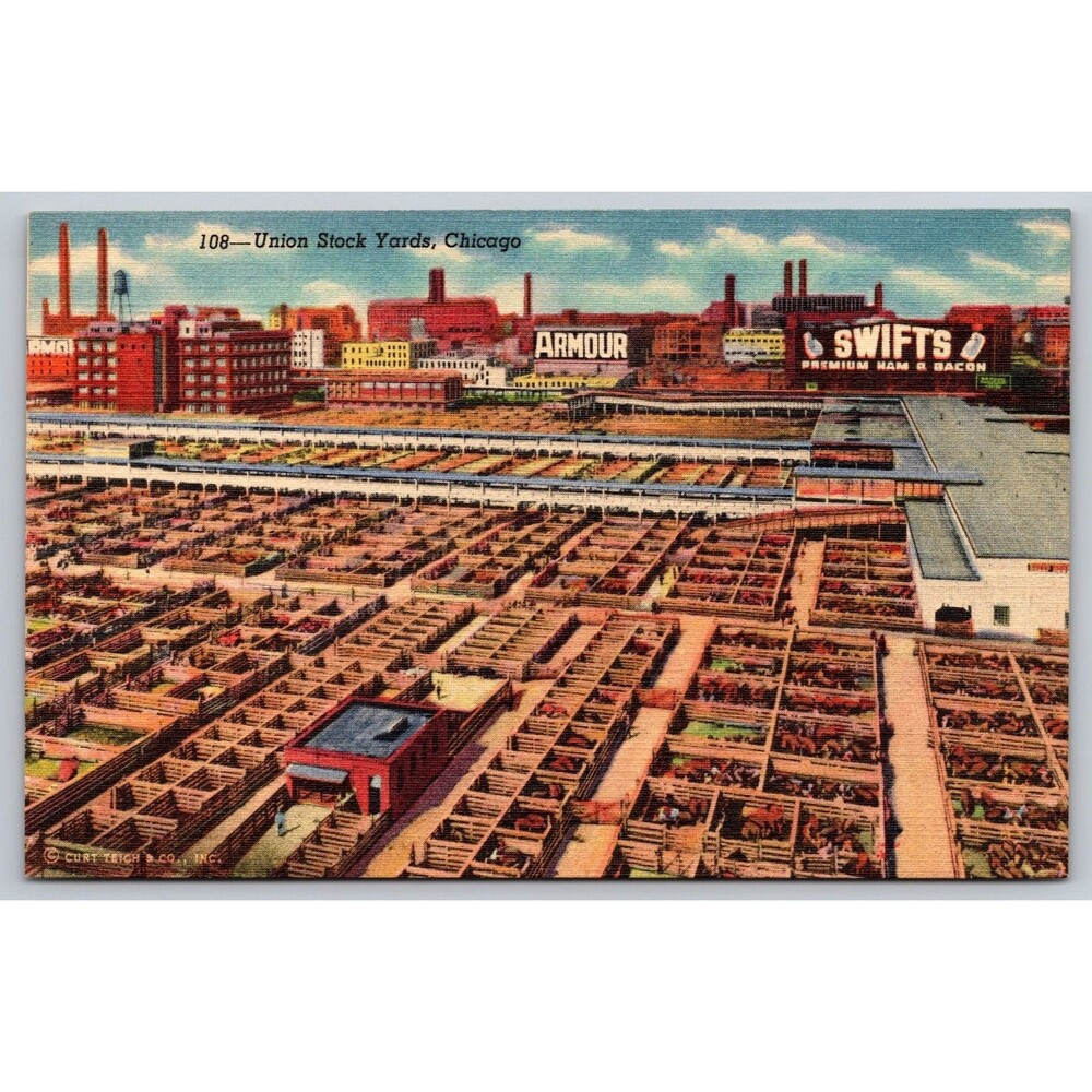 Vintage Union Stock Yards Chicago Linen Postcard 1941 Curt Teich  Armour Swift